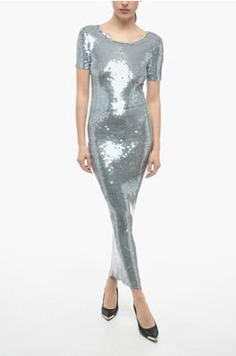 MM0 Kurzärmliges Maxikleid mit Pailletten in Silber