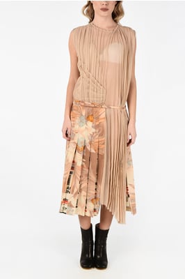 MMO Asymmetrisches Maxikleid aus Seidenmischung mit Blumendruck und Akkordeonmuster in Beige