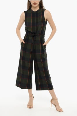 Grüner Jumpsuit aus Wollmischung mit Karomuster und Tunnelzug in der Taille