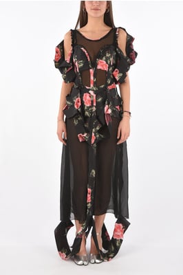 MM0 Mehrfarbiges Kleid mit Illusionsausschnitt und Blumendruck und Cut-out-Detail