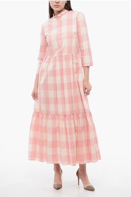 Kariertes langes Kleid in Bianco, Rosa