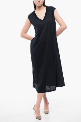 Ärmelloses Leinenkleid mit V-Ausschnitt in Mitternachtsblau