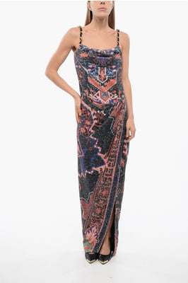 Paillettenkleid mit Ketten und tiefem Schlitz in Orange