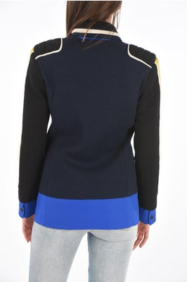 MM0 gestrickter Zweireiher-Blazer mit steigendem Revers in Blau, Schwarz