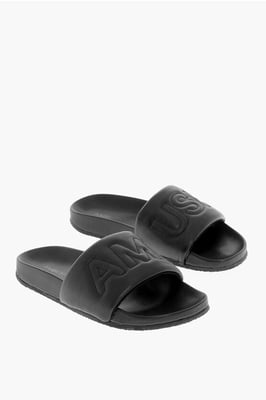 Einfarbige Leder-Slides in Schwarz