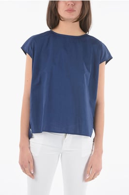 Kurzarm-Popeline-Baumwollbluse in Blau