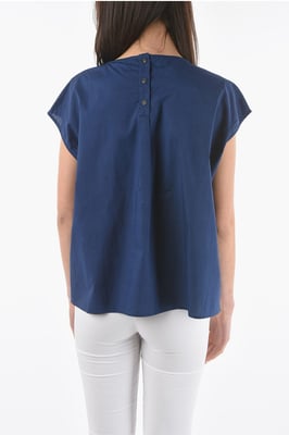Kurzarm-Popeline-Baumwollbluse in Blau