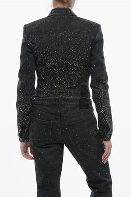 Cropped Fit BLING Jeansjacke mit Strass in Schwarz