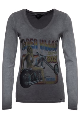 Queen Kerosin Damen Slim Fit Longsleeve mit Retro-Print und Oilwash-Effekt Velden Village 2020 anthrazit