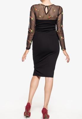Queen Kerosin Damen Mesh Bleistiftkleid mit Rosen-Stickerei schwarz