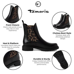 Tamaris Damen Schwarze Leoparden-Leder-Klassiker-High-Chelsea-Ankle-Boots