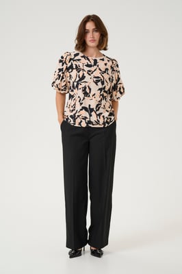 Kurzarm-Bluse A-shape Beige/Black/Peach Blurry Leaf beige
