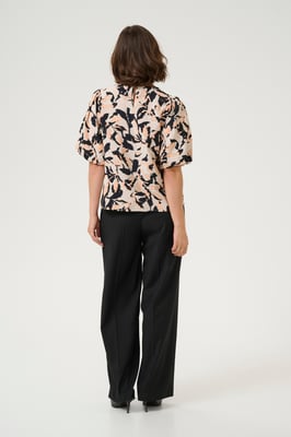 Kurzarm-Bluse A-shape Beige/Black/Peach Blurry Leaf beige