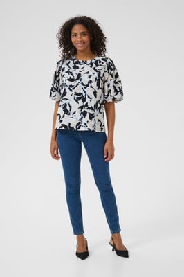 Kurzarm-Bluse A-shape Beige/Black/Blue Blurry Leaf beige