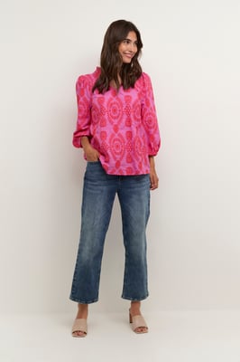 Bluse mit kurzen Ärmeln, lockere Passform, Pink fuchsia