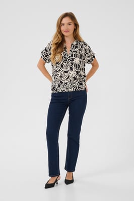 Kurzarm-Bluse Regular fit Black / Light Beige Flower floral