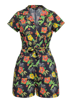 Queen Kerosin Damen Blusen Jumpsuit Hibiscus Black schwarz