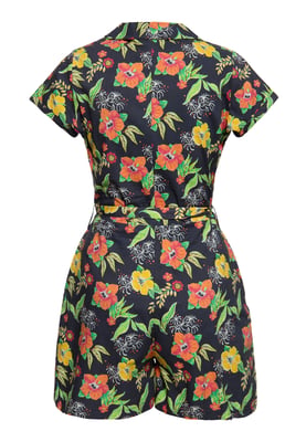 Queen Kerosin Damen Blusen Jumpsuit Hibiscus Black schwarz