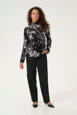 Langarm-Bluse Regular fit Black/White Painted Flower floral