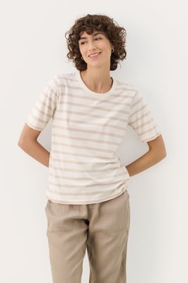 T-shirt Gerade Passform French Oak and White Stripe beige
