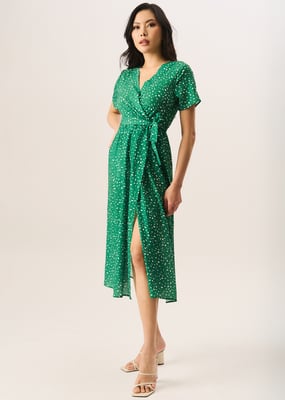 Grünes Wickel-Midikleid mit Tiermuster
