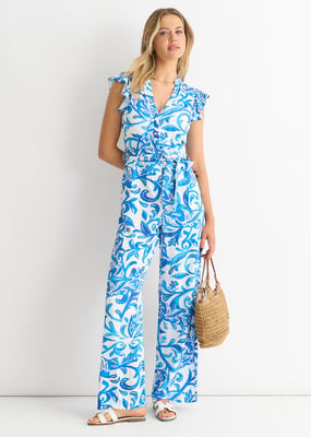 Blauer Jumpsuit mit Rüschen an den Ärmeln