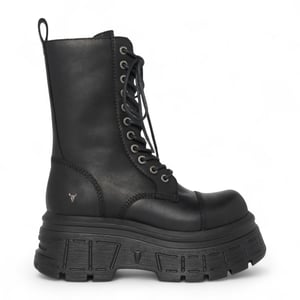 Windsorsmith Damen Schwarze, wadenlange Bikerstiefel aus Leder mit Plateausohle - Screaming