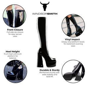 Windsorsmith Damen-Stiefel mit kniehohem Plateau und Gothic-Absatz, Schwarz - Saucy