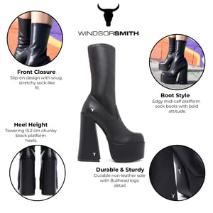 Windsorsmith Damen-Stiefel mit wadenhohem Plateau und Gothic-Absatz in Schwarz – Saviour
