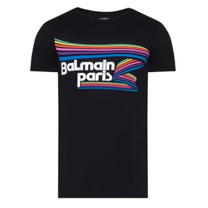 Balmain Paris - Schwarzes T-shirt Mit Regenbogen- Und Multilogo