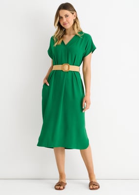Grünes Air Flow Kleid mit Gürtel und Übergröße