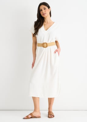 Weißes Air Flow Kleid mit Gürtel und Übergröße