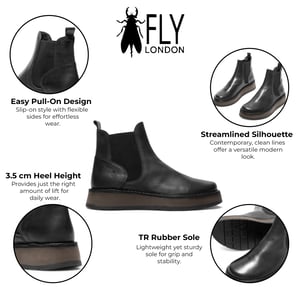 Fly London Damen RAWI131 Chelsea-Stiefel aus Leder, knöchelhoch, zum Hineinschlüpfen, klassisch, bequem, Schwarz