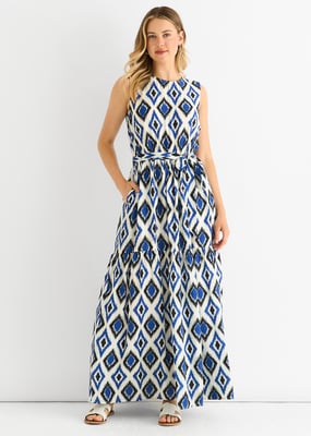 Blaues Midaxi-Kleid mit Geodruck und elastischer Taille