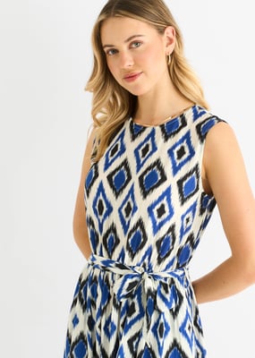 Blaues Midaxi-Kleid mit Geodruck und elastischer Taille