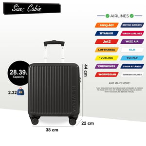 Hartschalen-Kabinenkoffer, 44 x 22 x 38 cm, Schwarz, TSA-sicher, geeignet für Easyjet, Ryanair
