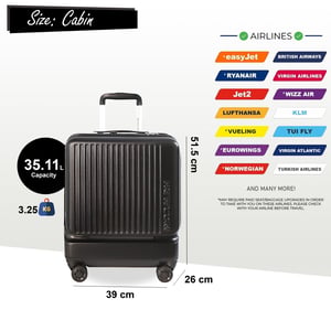 Robuster EasyJet Ryanair Handgepäck-Reisekoffer, 39 x 26 x 51,5 cm, vorne offen, Schwarz