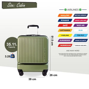 Robuster EasyJet Ryanair Handgepäck-Reisekoffer, 39 x 26 x 51,5 cm, Olivgrün, vorne offen