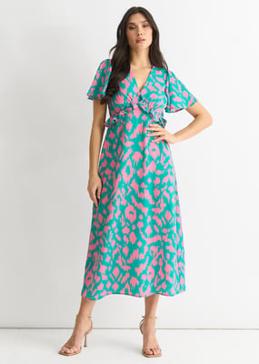 Grünes Midikleid mit Tiermotiv und gerafftem V