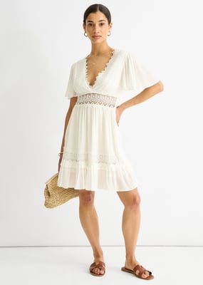 Weißes Mini-Skaterkleid mit Spitzenbesatz aus Viskose
