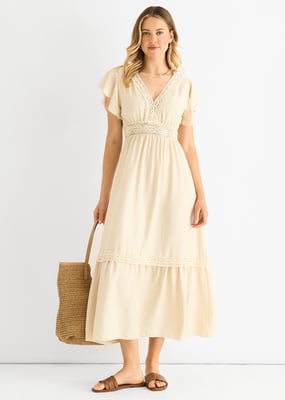 Beigegehäkeltes Midikleid mit elastischer Taille und Spitzeneinsatz