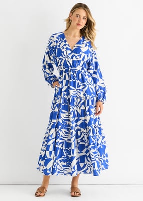 Blaues abstraktes Wickelkleid mit elastischer Taille Midaxi Kleid