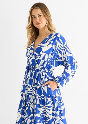 Blaues abstraktes Wickelkleid mit elastischer Taille Midaxi Kleid