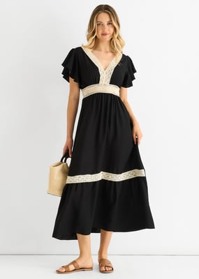 Beigegehäkeltes Midikleid mit elastischer Taille und Spitzeneinsatz