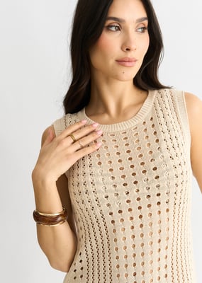 Beigefarbenes gehäkeltes Strick-Bodycon-Midi-Dress