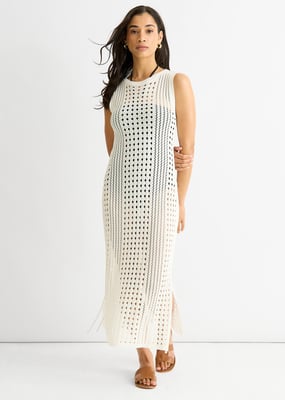 Weißes Häkelstrick-Bodycon-Midikleid