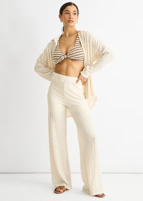Beige Strukturierte Hose mit elastischem Bund und ausgestelltem Bein