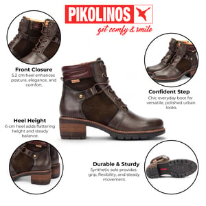Pikolinos Damen-Stiefeletten aus waldbraunem Leder mit Reißverschluss und Schnürung - San Sebastián