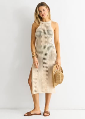 Beigefarbenes Bodycon-Kleid mit Häkelstrick und Schlitz