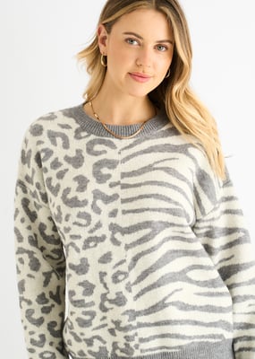 Grau Kontrast Zebra Tier Strickpullover